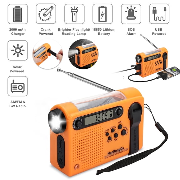 NOAA Weather Radio, AM FM WB Portable Hand Crank Solar Emergency Radio with SOS Alarm, LED Flashlight, LCD Display, Cell Phone Charger for Camping Hiking Traveling