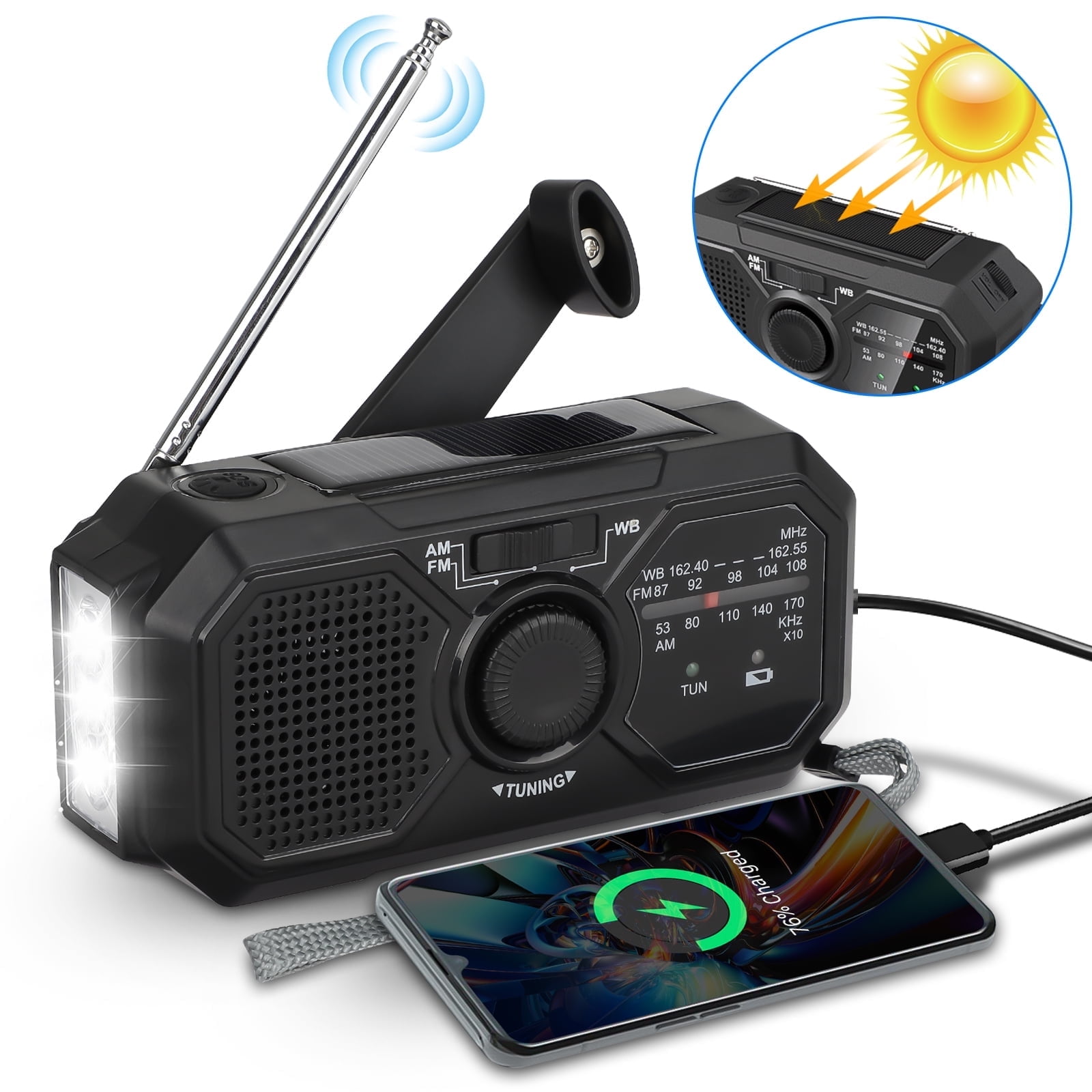 NOAA Weather Radio, Weather Radio NOAA Alert with LED Flashlight, 1200mAh Power Bank, SOS Alarm, FM AM SW Emergency Solar Hand Crank Radio for Camping, Hiking, Traveling