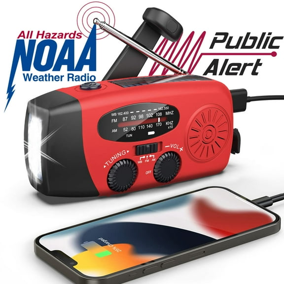 Qunler NOAA Weather Emergency Radio, 7400mWh/2000mAh AM/FM/WB Hand Crank Solar Radio, Portable Power Bank, Weather Alert, Flashlight for Outdoor Use