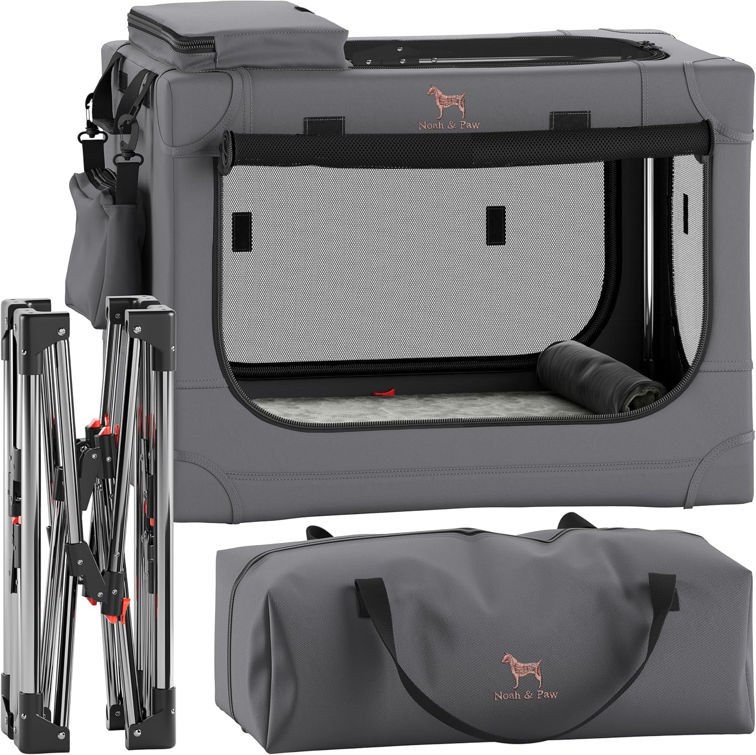 NOAH & PAW Collapsible Dog Crate 26 Inch, Small Dog Crate for Small Medium Breeds, Travel Kennel for Car, Including Pet Mat for Pet Cage, 2 Storage Pockets, Handbag, 10mm Locking Zipper 26*17*17