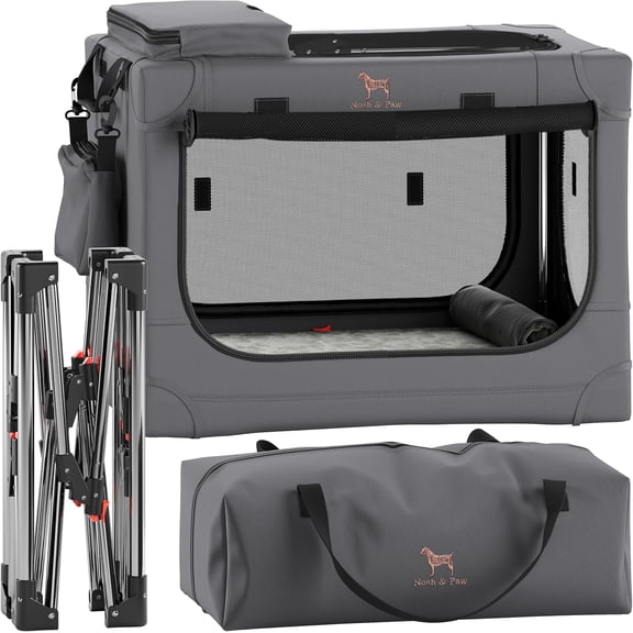 NOAH & PAW Collapsible Dog Crate 26 Inch, Small Dog Crate for Small Medium Breeds, Travel Kennel for Car, Including Pet Mat for Pet Cage, 2 Storage Pockets, Handbag, 10mm Locking Zipper 26*17*17