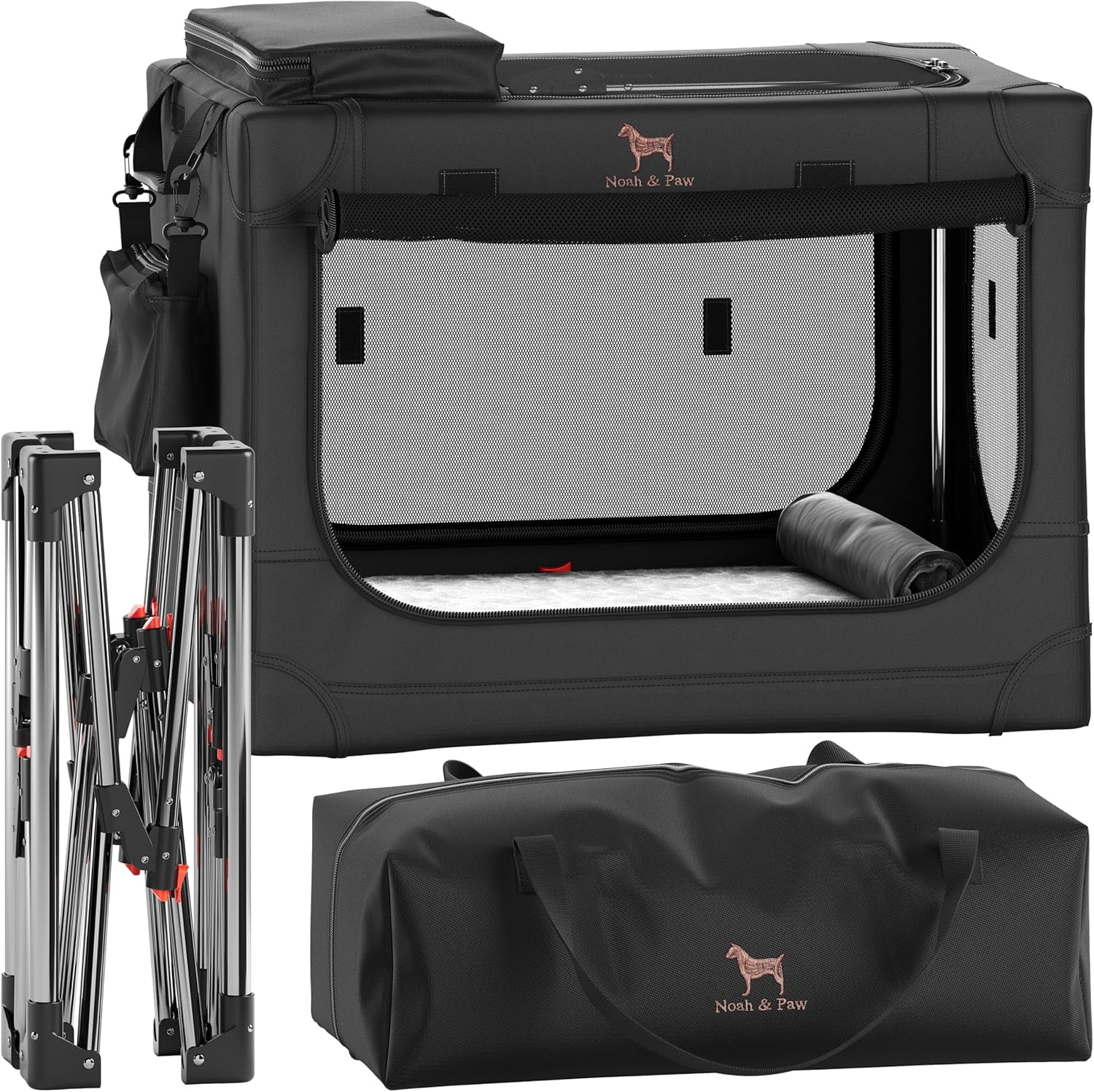 NOAH & PAW Collapsible Dog Crate 26 Inch, Small Dog Crate for Small Medium Breeds, Travel Kennel for Car, Including Pet Mat for Pet Cage, 2 Storage Pockets, Handbag, 10mm Locking Zipper 26*17*17
