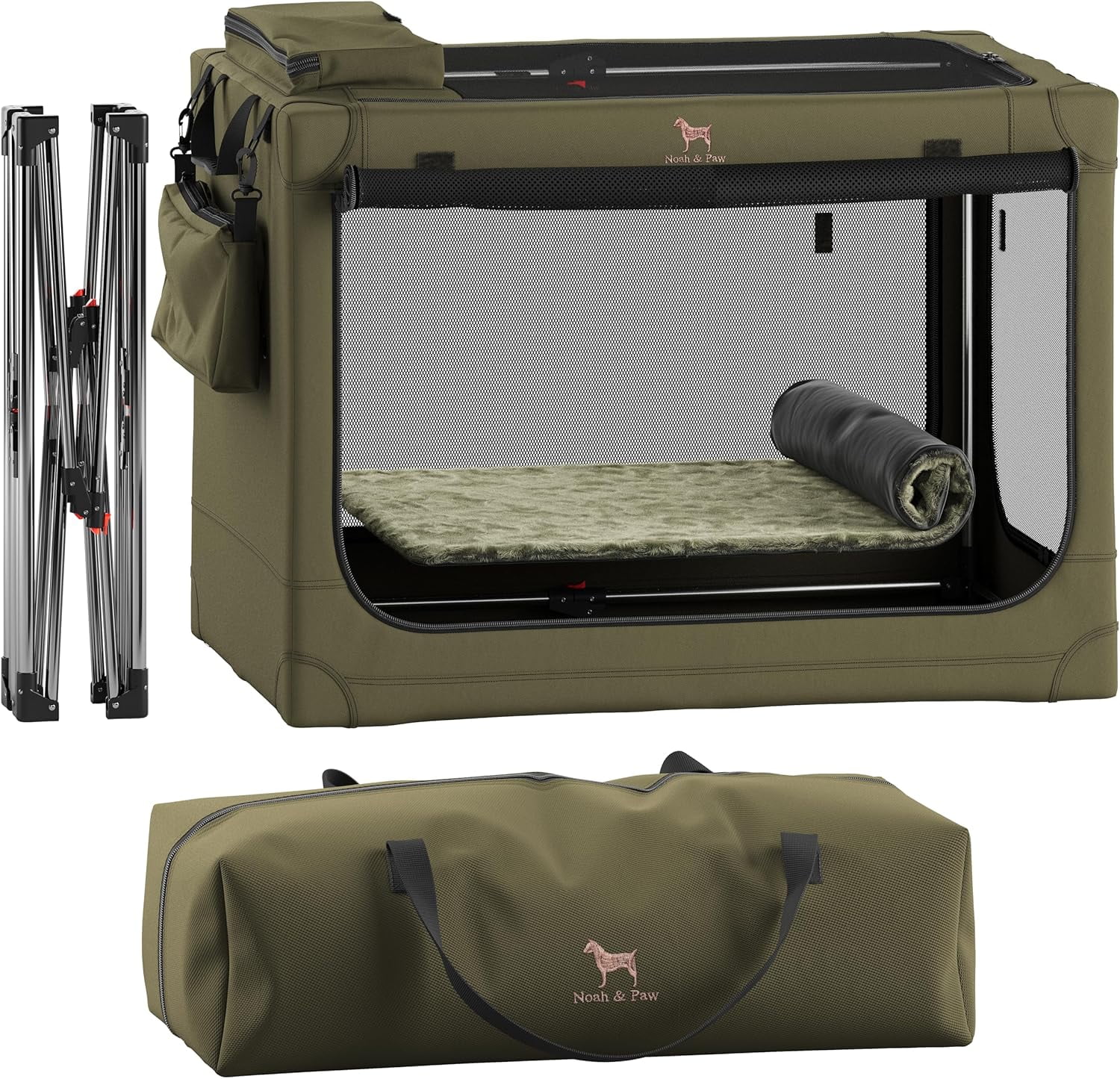 NOAH & PAW Collapsible Dog Crate 30 Inches, Large Dog Crate for Large Medium Breeds, Travel Kennel for Car, Including Pet Mat for Pet Cage, 2 Storage Pockets, Handbag, 10mm Locking Zipper 30*21*21