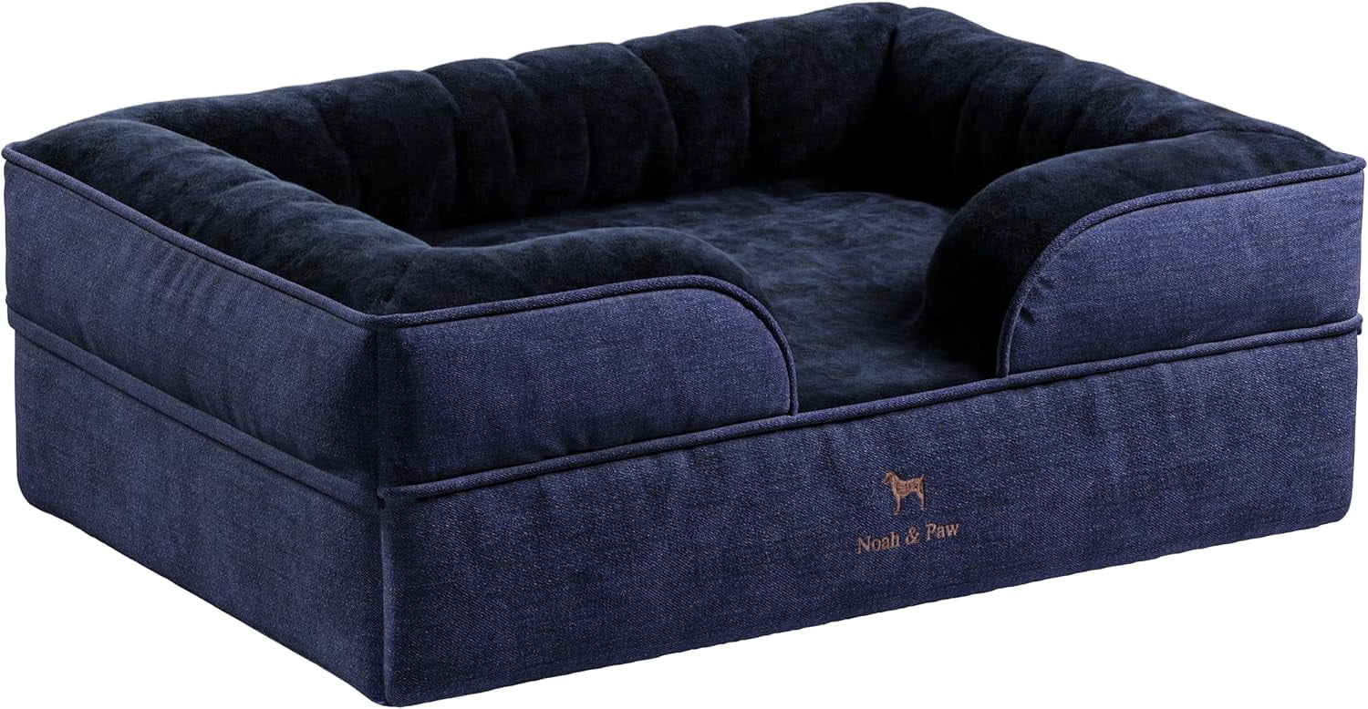 NOAH & PAW Small Dog Bed, 20x15x8 Inch, Cat Bed for Indoor Cats, Orthopedic Eggshell Memory Foam Infused with Cooling Gel, Waterproof, Machine Washable, Includes Inner Cover (Denim Collection)