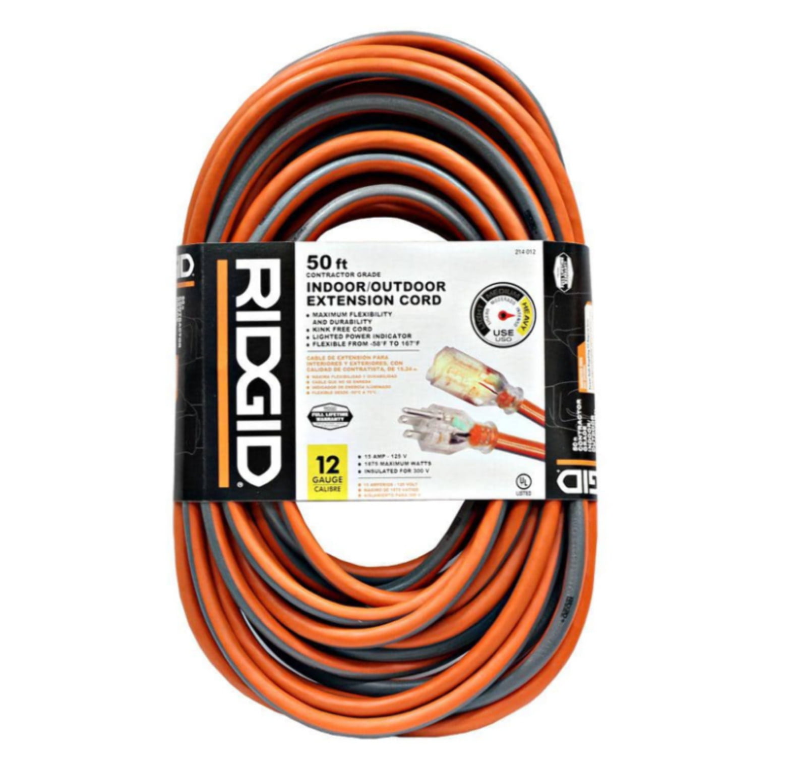 RIDGID 50 ft. 12/3 Heavy Duty Indoor/Outdoor Extension Cord with Lighted End, Orange/Grey