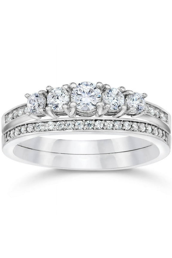 Elegant 1.3 Ct Round Cut Five Stone Eternity Band Diamond Rings - Stunning Lab-Created Simulated Diamond - 14K White Gold Plated - Perfect Engagement Rings - Wedding Diamond Rings