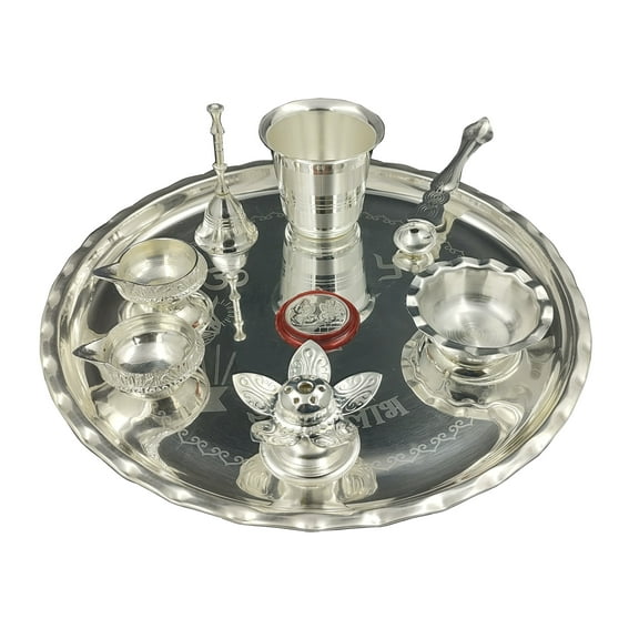 NOBILITY Silver Plated Pooja thali Set 10 Inch with Accessories for Festival Puja Thali for Diwali, Home, Temple, Office, Wedding Return Gift Items