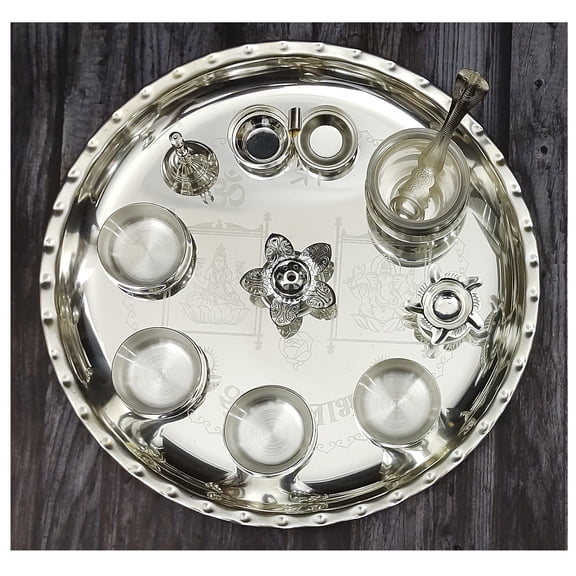 NOBILITY Silver Plated Pooja thali Set 12 Inch with Accessories for Festival Ethnic Puja Thali for Diwali, Home, Temple, Office, Wedding Return Gift