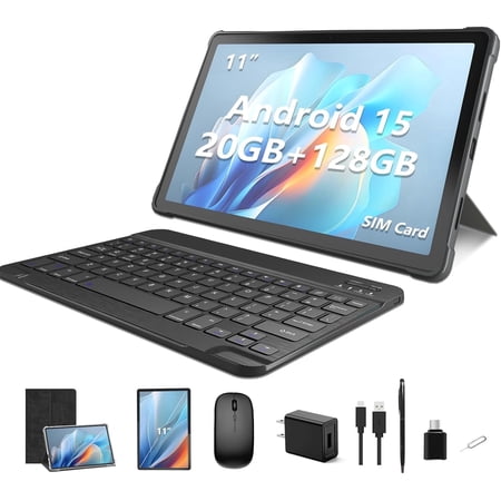 NOBKLEN 11" Android 15 Tablet 128GB with Keyboard & Mouse, 4G LTE Unlocked Tablet with SIM Card Slot, 20GB RAM, 5G WiFi, Octa-Core 2.0GHz, 13MP+5MP Cameras, 8000mAh Battery, Quad Speakers Silver