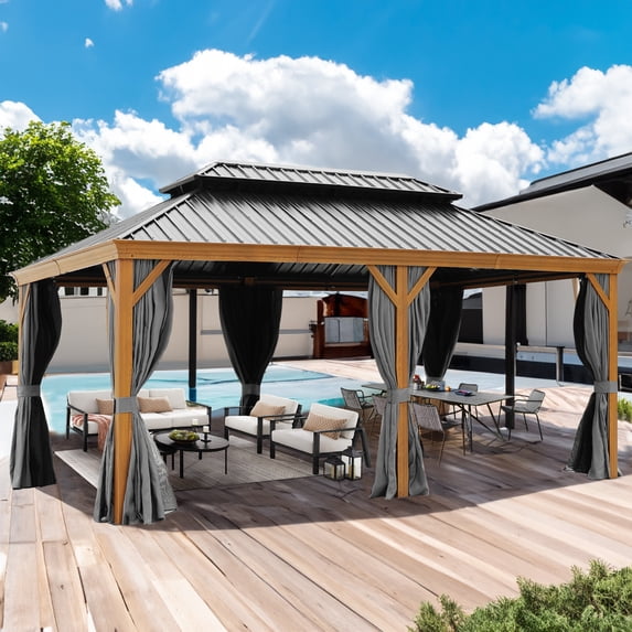 NOBLEMOOD 12'x20' Outdoor Hardtop Gazebo with Curtain and Netting, Double Roof Galvanized Steel Patio Gazebos with Aluminum Frame for Backyard Deck(12x20ft,Black)