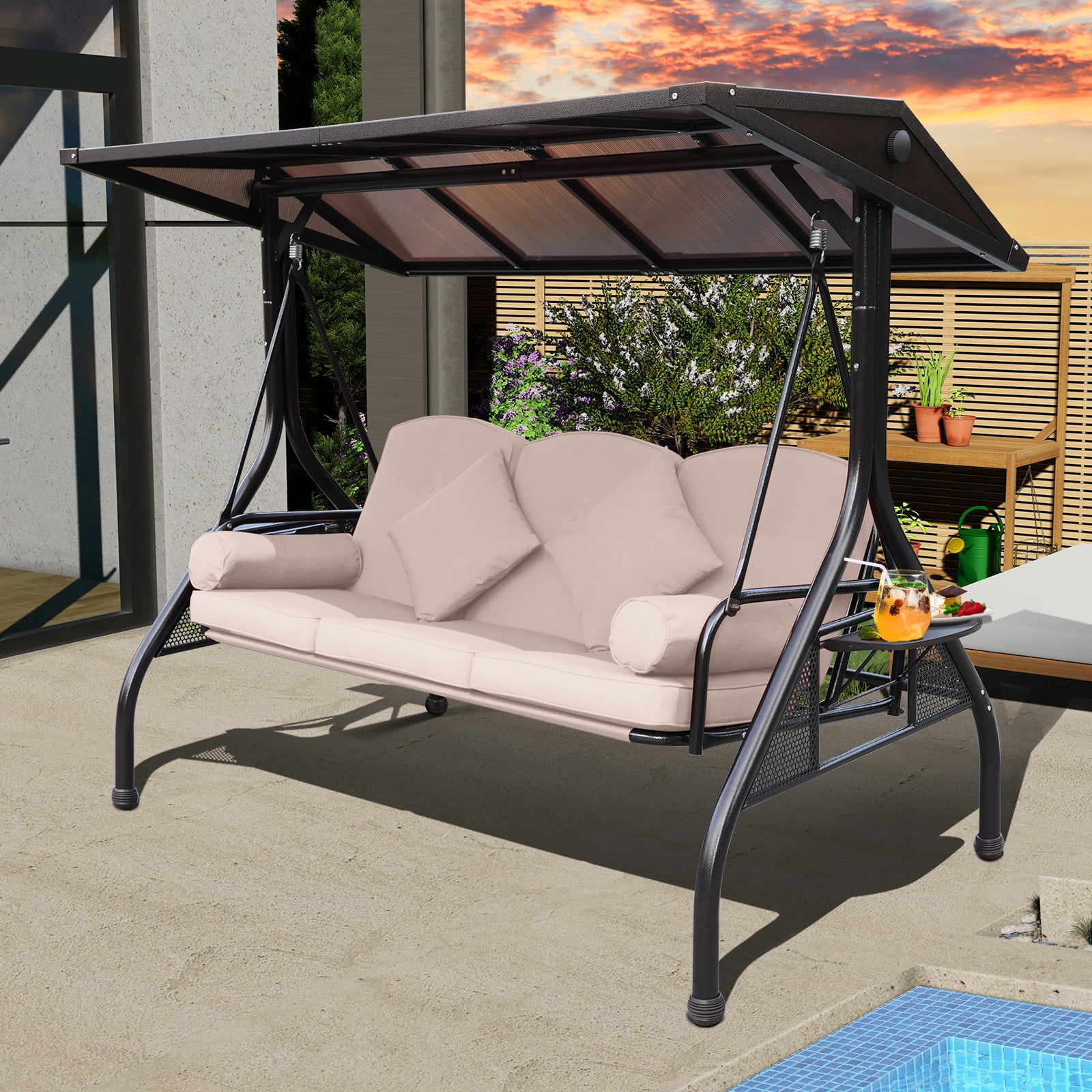 800LBS Outdoor Porch Swing Bed 3 to 4 Person Adjustable Backrest Patio Swing Chair with Stand Convertible Tilt Canopy Side Pocket Armrest Pillows for Backyard champagne Walmart