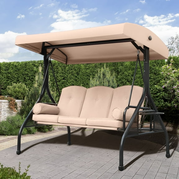 NOBLEMOOD 3-Seat Patio Porch Swing with Adjustable Canopy, Thickened Cushion & Foldable Tray, Khahi