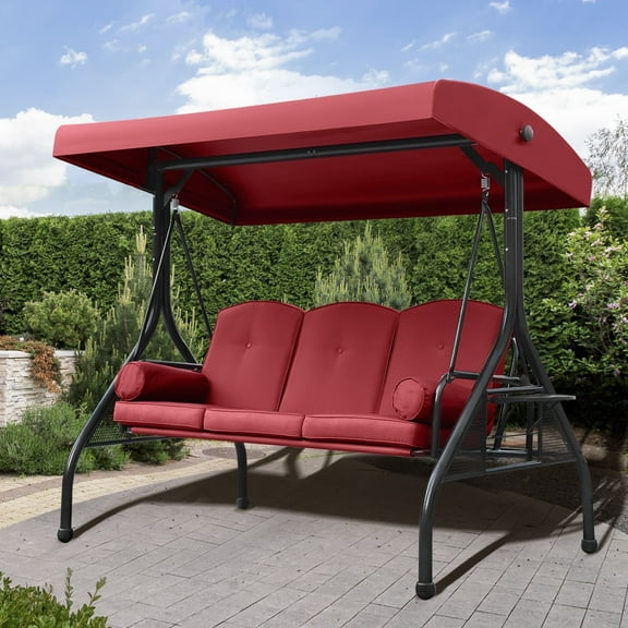 NOBLEMOOD 3-Seat Patio Porch Swing with Adjustable Canopy, Thickened Cushion & Foldable Tray, Red