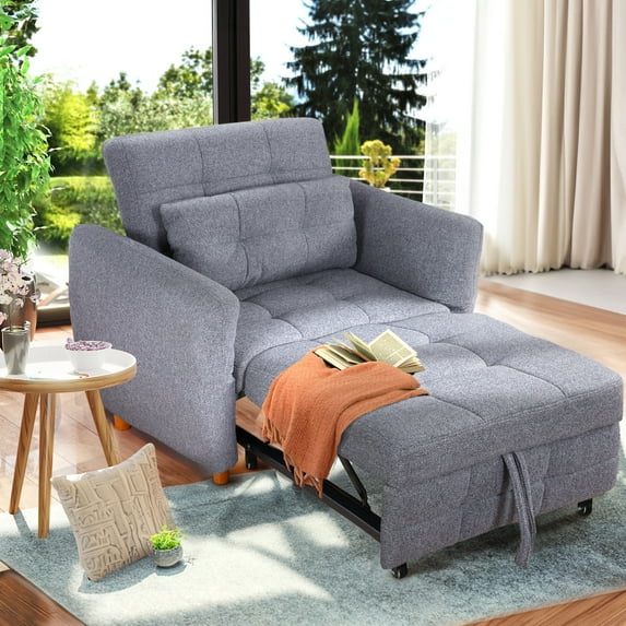 NOBLEMOOD 3-in-1 Sleeper Sofa w/ Adjustable Armrests,Pull Out Convertible Sofa Bed w/ 3 Level Adjustable Backrest & Thickened Pillow for Living Room or Apartment, Gray