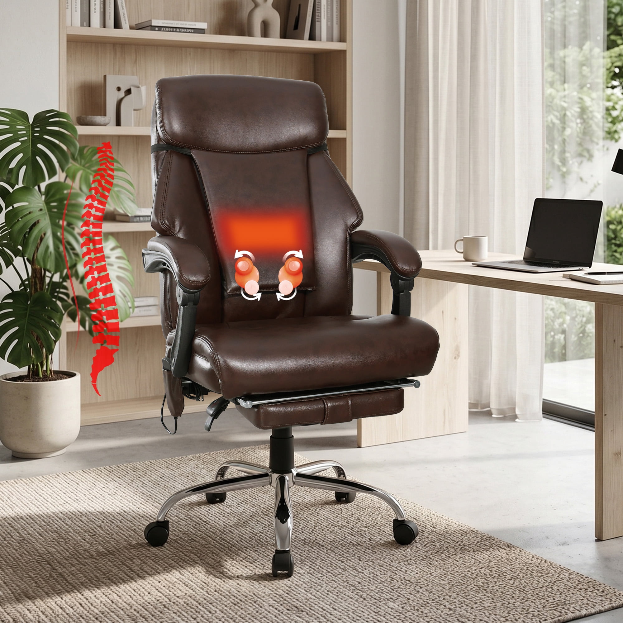 NOBLEMOOD 4 Points Massage Heated Office Chair with Foot Rest&Pillow Black Brown Ergonomic Excutive Office Chair for Adult