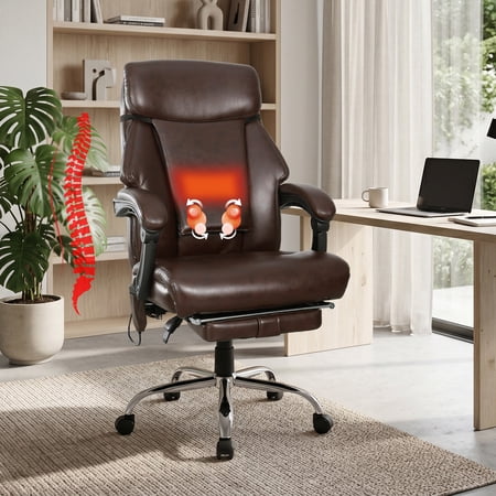 NOBLEMOOD 4 Points Massage Heated Office Chair with Foot Rest&Pillow Black Brown Ergonomic Excutive Office Chair for Adult