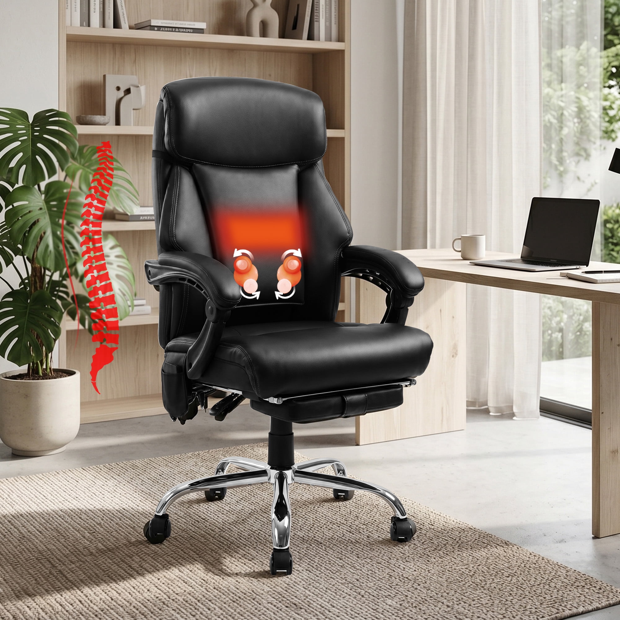 NOBLEMOOD 4 Points Massage Heated Office Chair with Foot Rest&Pillow Black Ergonomic Excutive Office Chair for Adult