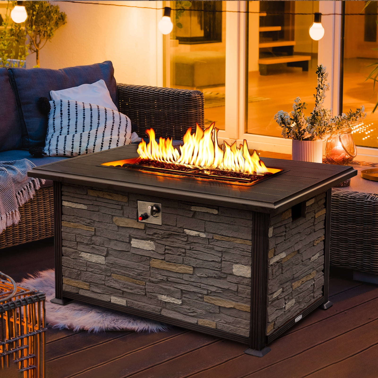 NOBLEMOOD 48 INCH Fire Pit Table, Propane Fife Pit w/Faux Ledgestone