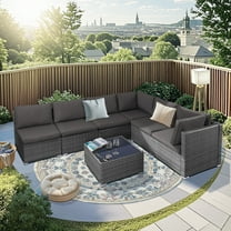 NOBLEMOOD 7 Pieces Rattan Outdoor Fruniture Set with Reclining Backrest and Storage Coffee Table, 300lbs Weight Capacity Wicker Patio Secotional Sofa Chairs Set