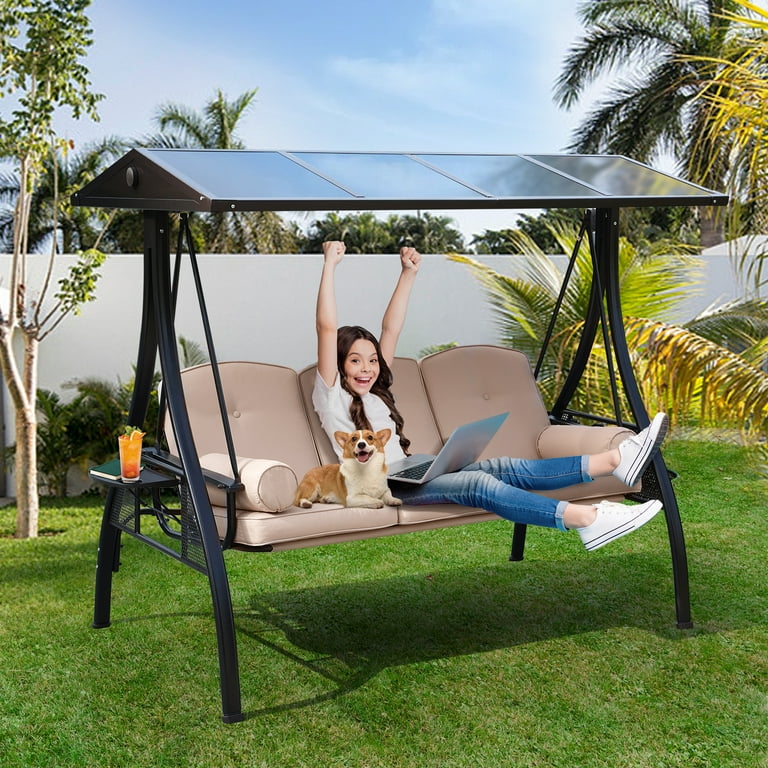 NOBLEMOOD Steel Outdoor Porch Swing with Convertible Backrest and Cup Holders Beige