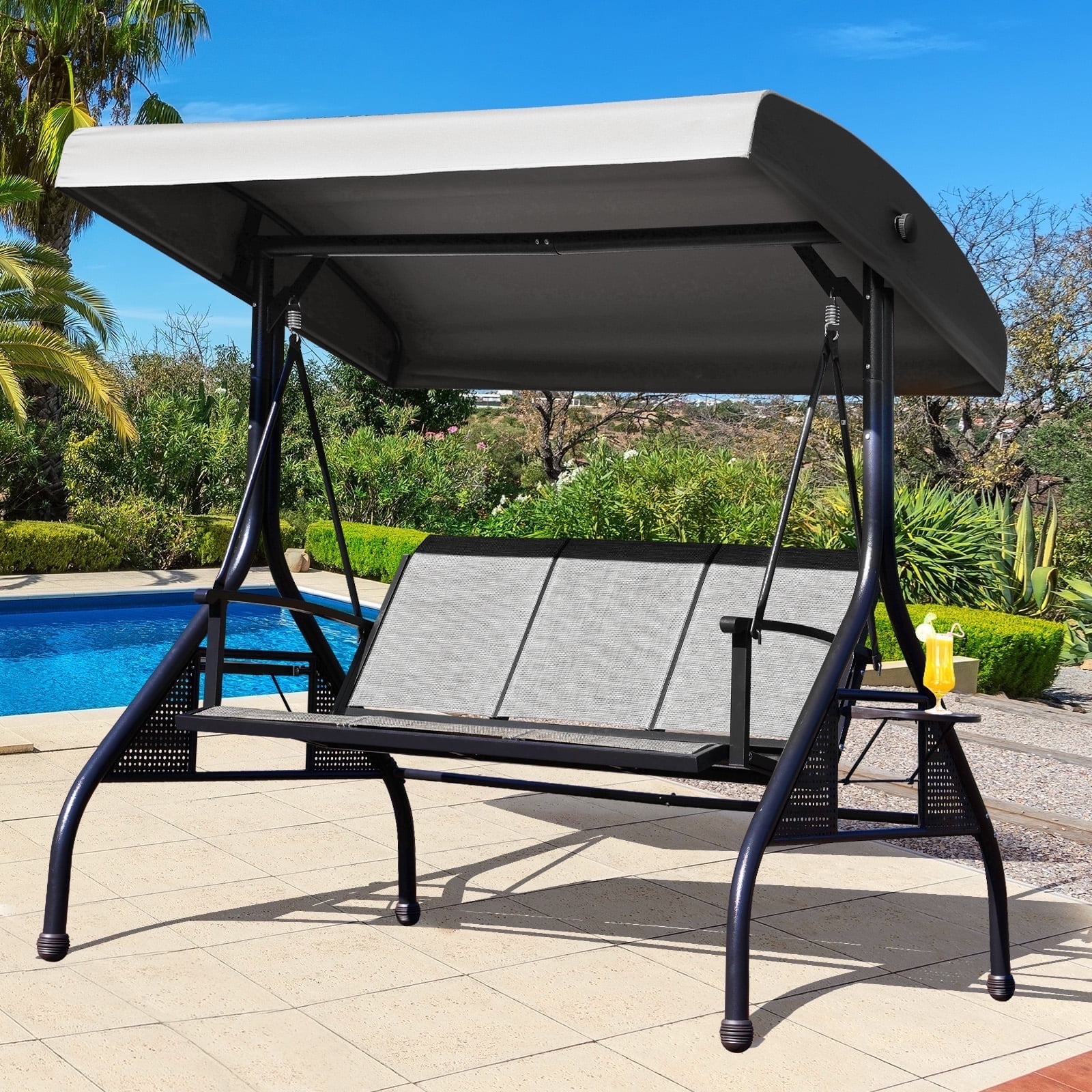 NOBLEMOOD Outdoor Patio Swing Chair with Canopy, Cup Holders ...