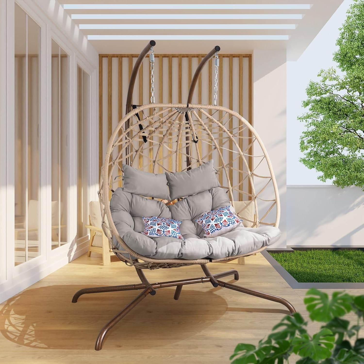 NOBLEMOOD Outdoor Egg Swing Chair with Stand, 2 Person Patio Swing Chairs with Thick Cushions ...