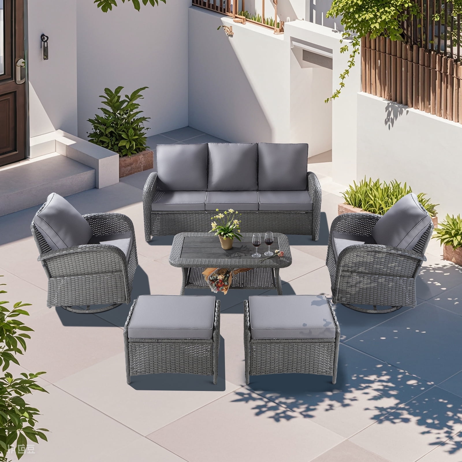 NOBLEMOOD 6 Pieces Patio Furniture Set with Swivel Chairs, All Weather Outdoor Rattan Conversation Sectional Sofa Set with Coffee Table, Ottoman for Porch Deck Garden