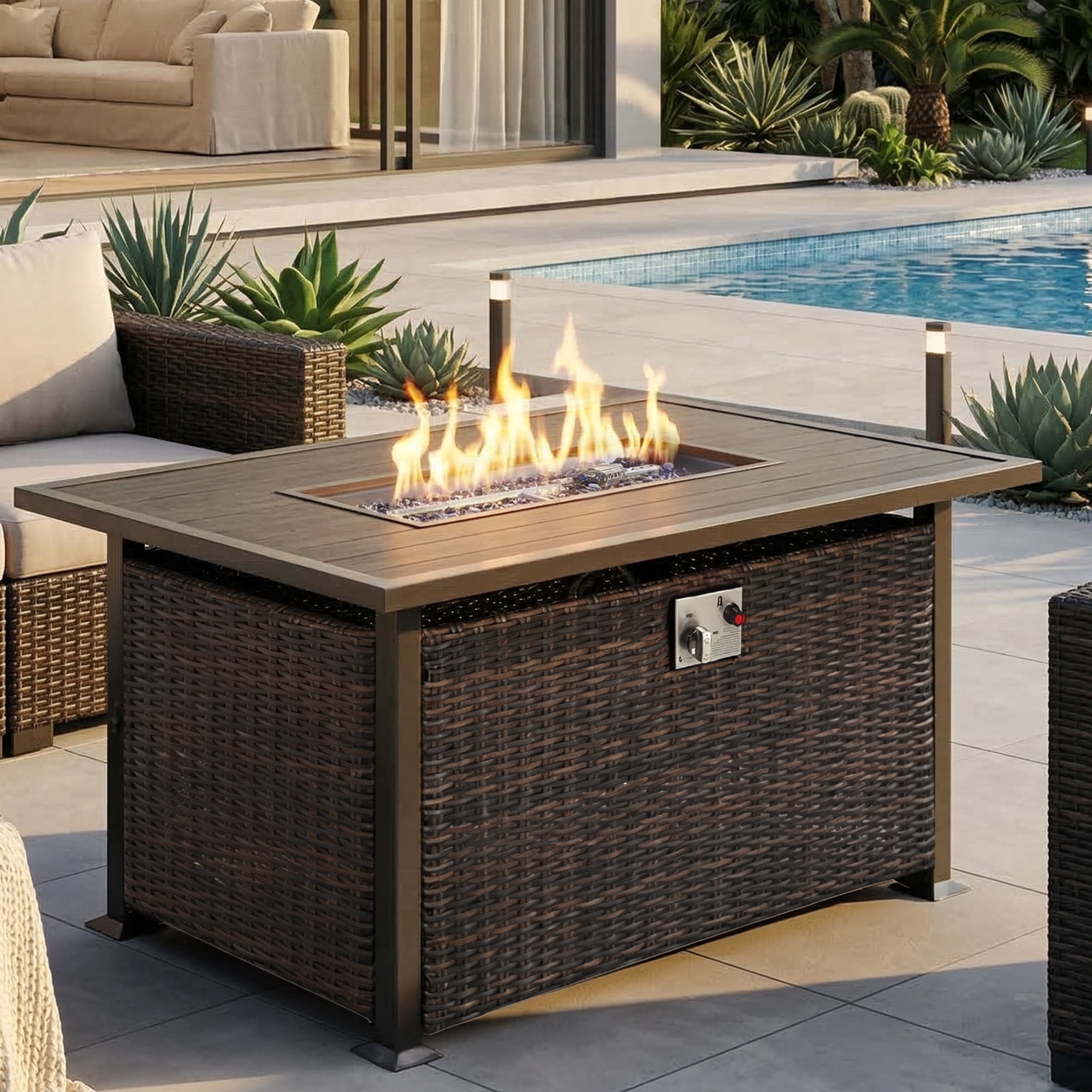 NOBLEMOOD 50000 BTU 48 inch Wicker Outdoor Propane Fire Pit Table with Dustproof Cover and Blue Glass Beads for Outside Backyard Garden
