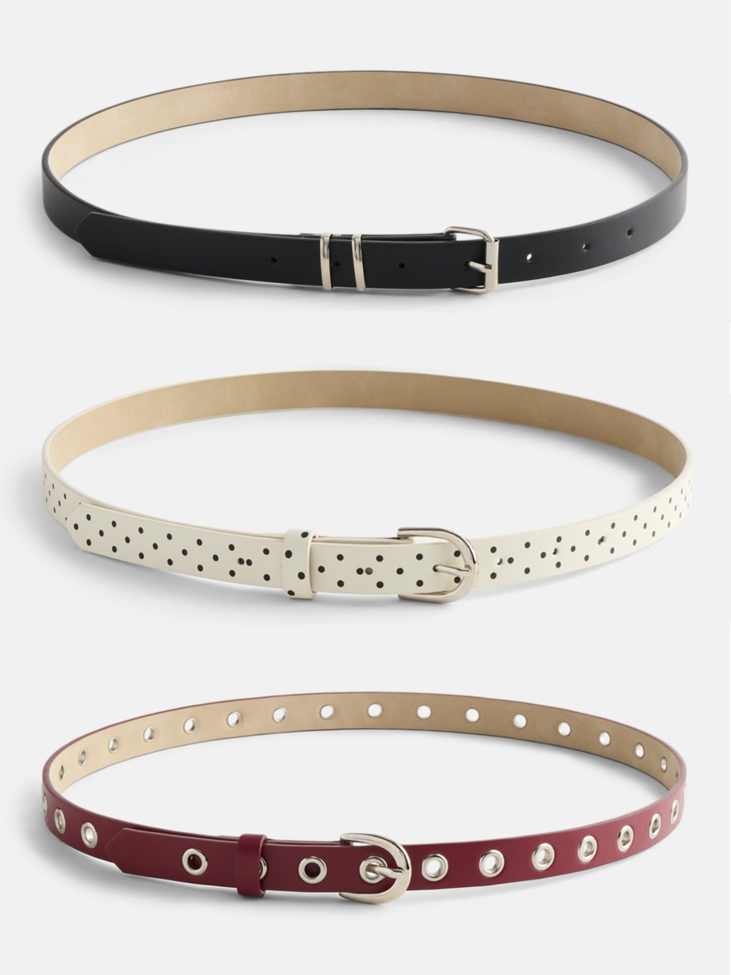 No Boundaries Women's Skinny Belts, 3 Pack, Red/Black/White, Sizes S/M-3XL