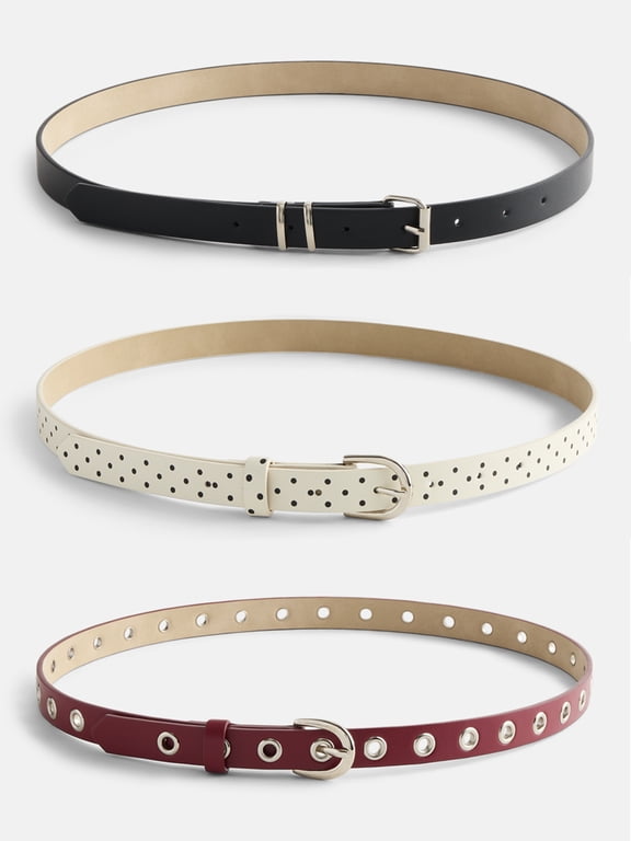 Women's Skinny Belts, 3 Pack, Red/Black/White, Sizes S/M-3XL