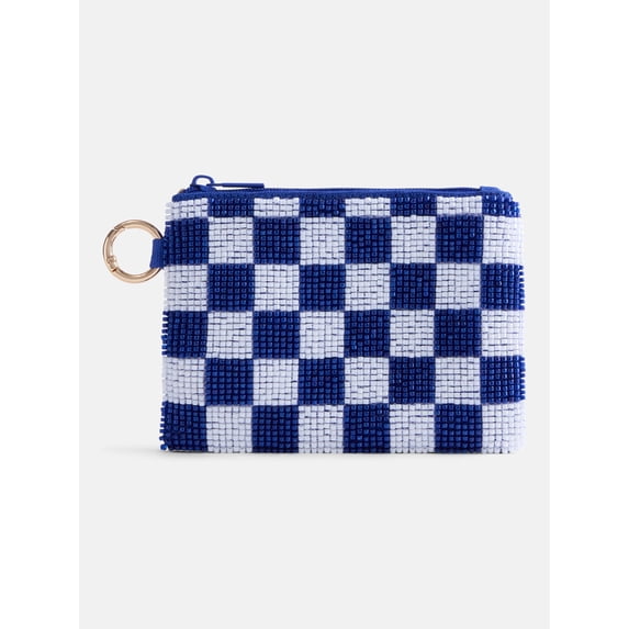 No Boundaries Women’s Game Day Checkered Beaded Pouch, Blue Checkered