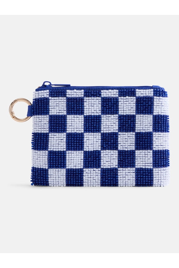 Women’s Game Day Checkered Beaded Pouch, Blue Checkered