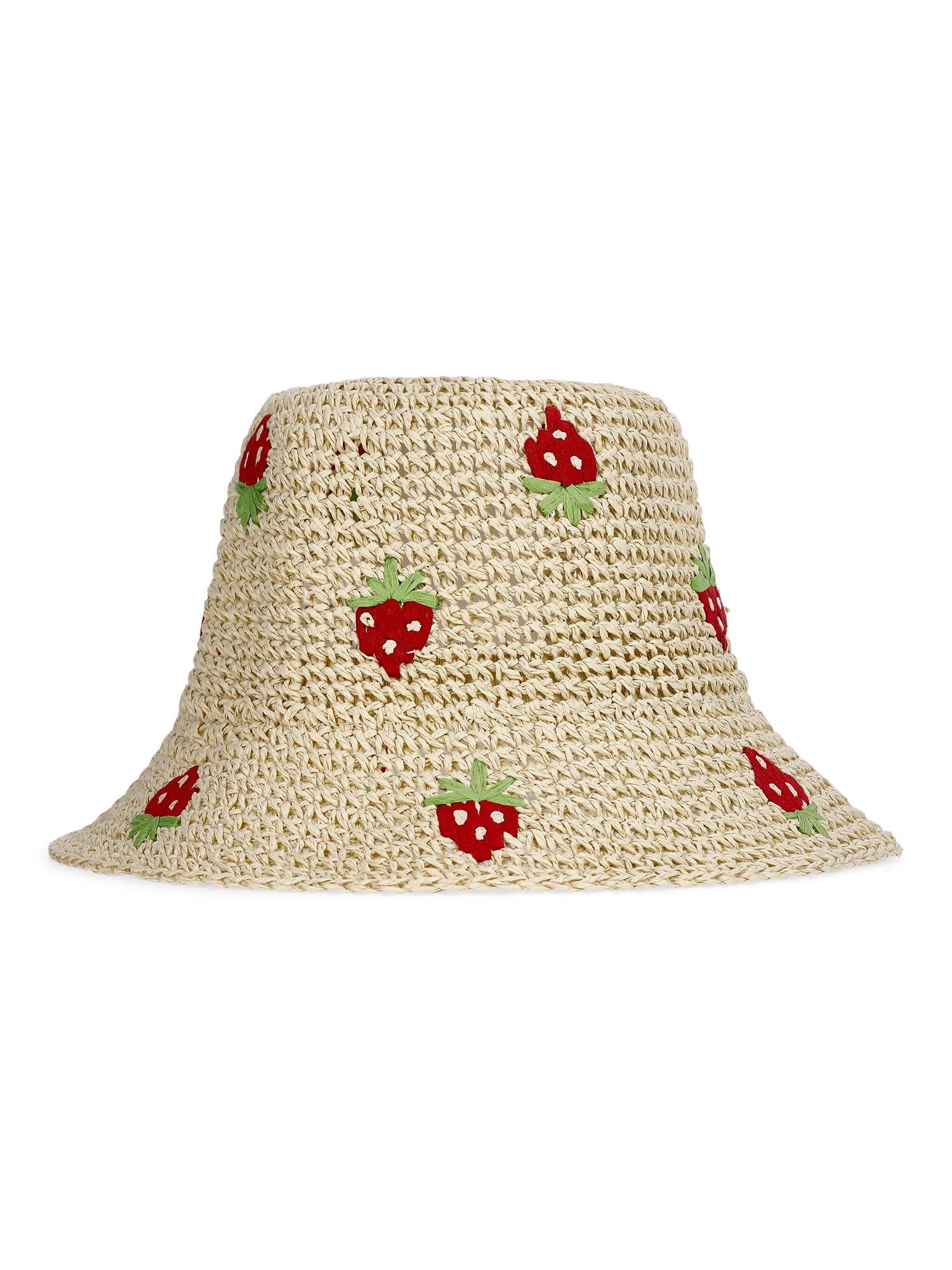 No Boundaries Straw Bucket Hat, Women's, Natural/Strawberry