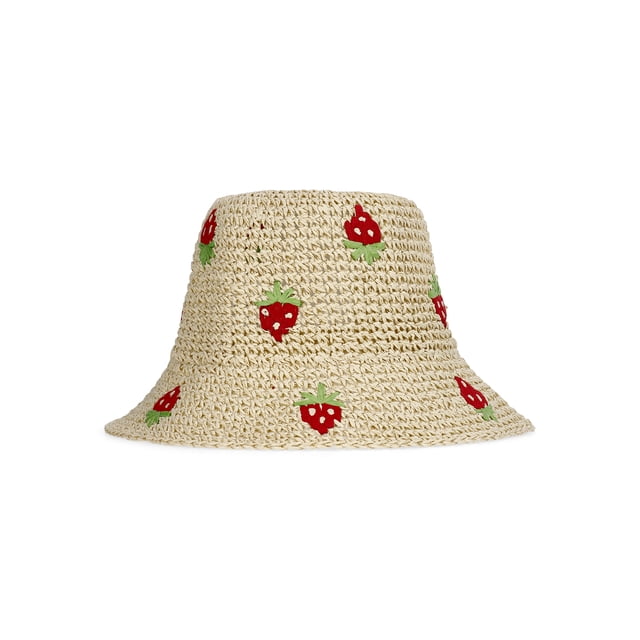 No Boundaries Straw Bucket Hat, Women's, Natural/Strawberry