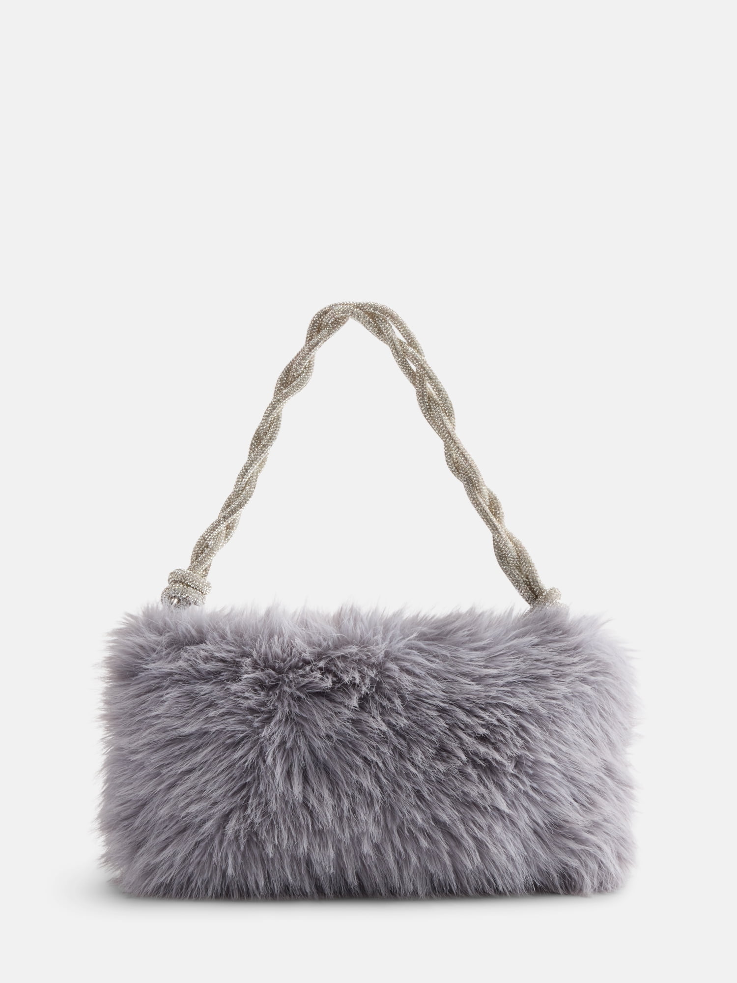 No Boundaries Women's Faux Fur Shoulder Bag with Rhinestone Strap, Grey