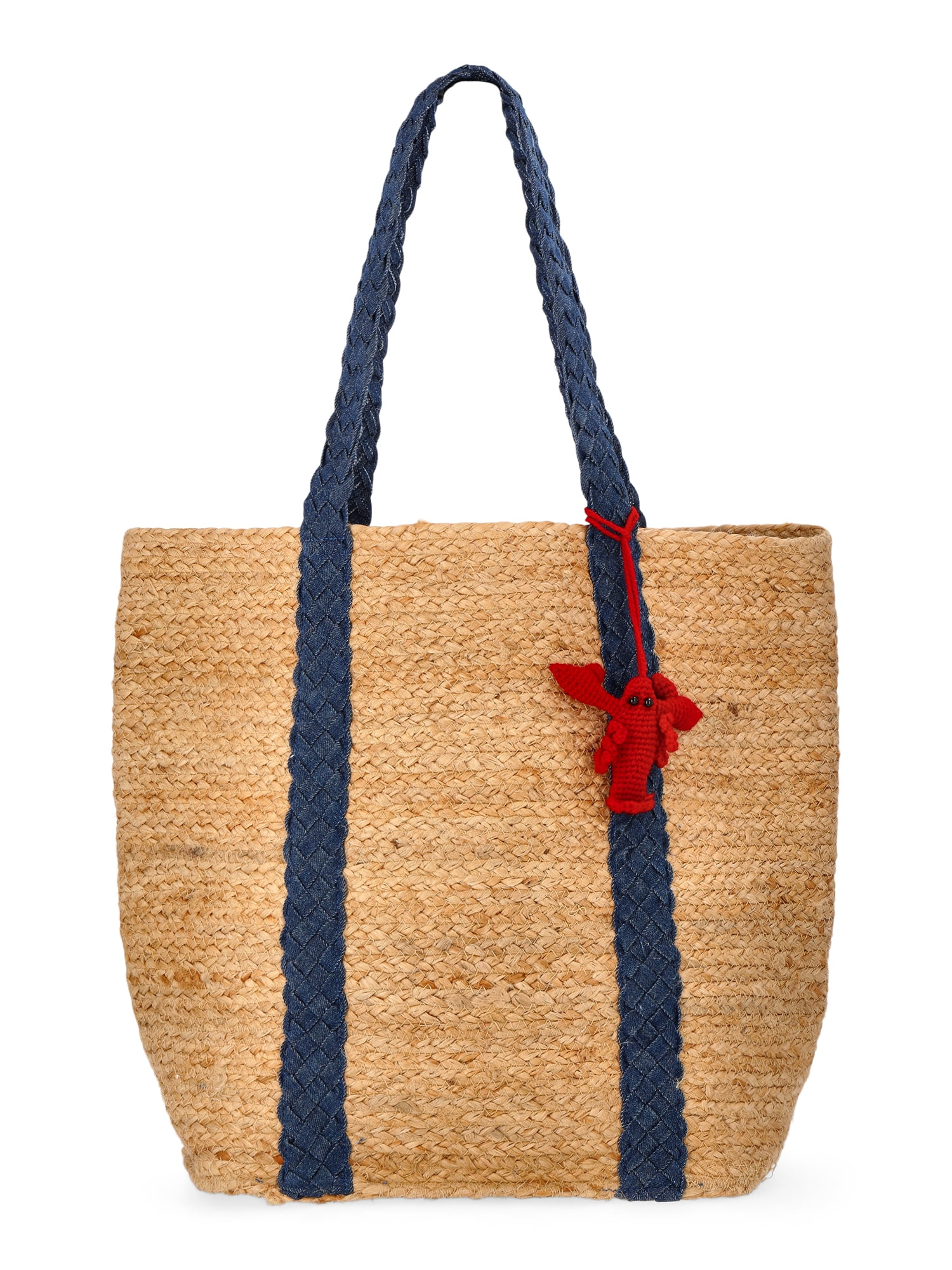 No Boundaries Women's Beach Icons Jute Tote Bag, Natural with Blue Denim