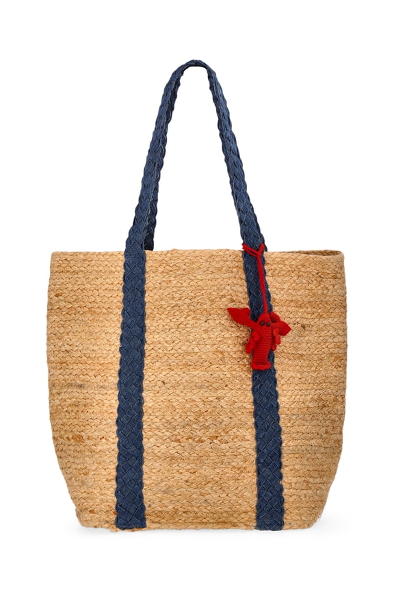 Women's Beach Icons Jute Tote Bag, Natural with Blue Denim