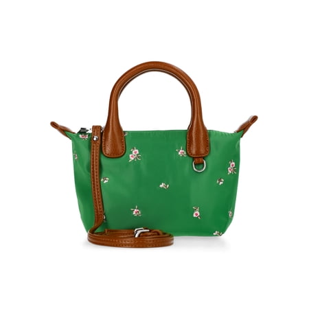 No Boundaries Women's Mini Tote Crossbody Bag, Turf Green with Floral Embroidery