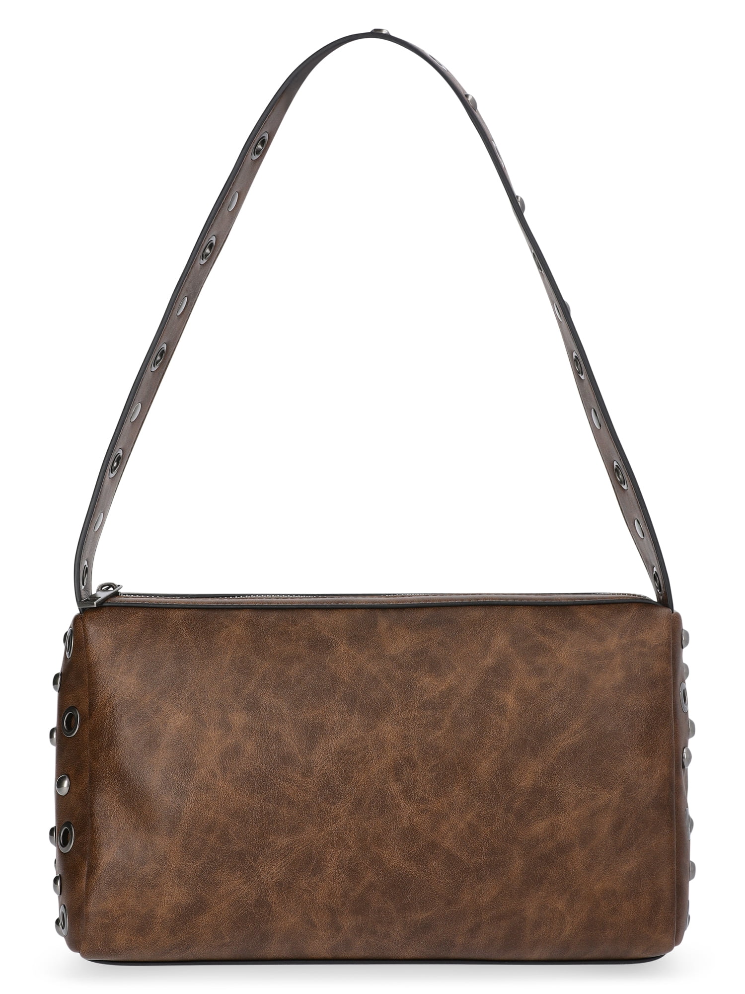 No Boundaries Women's Faux Leather Studded Moto Shoulder Bag, Brown