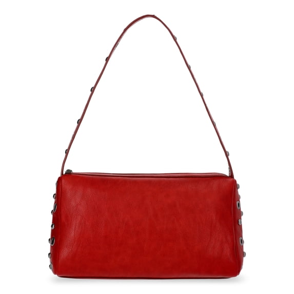 No Boundaries Women's Faux Leather Studded Moto Shoulder Bag, Carmine Red