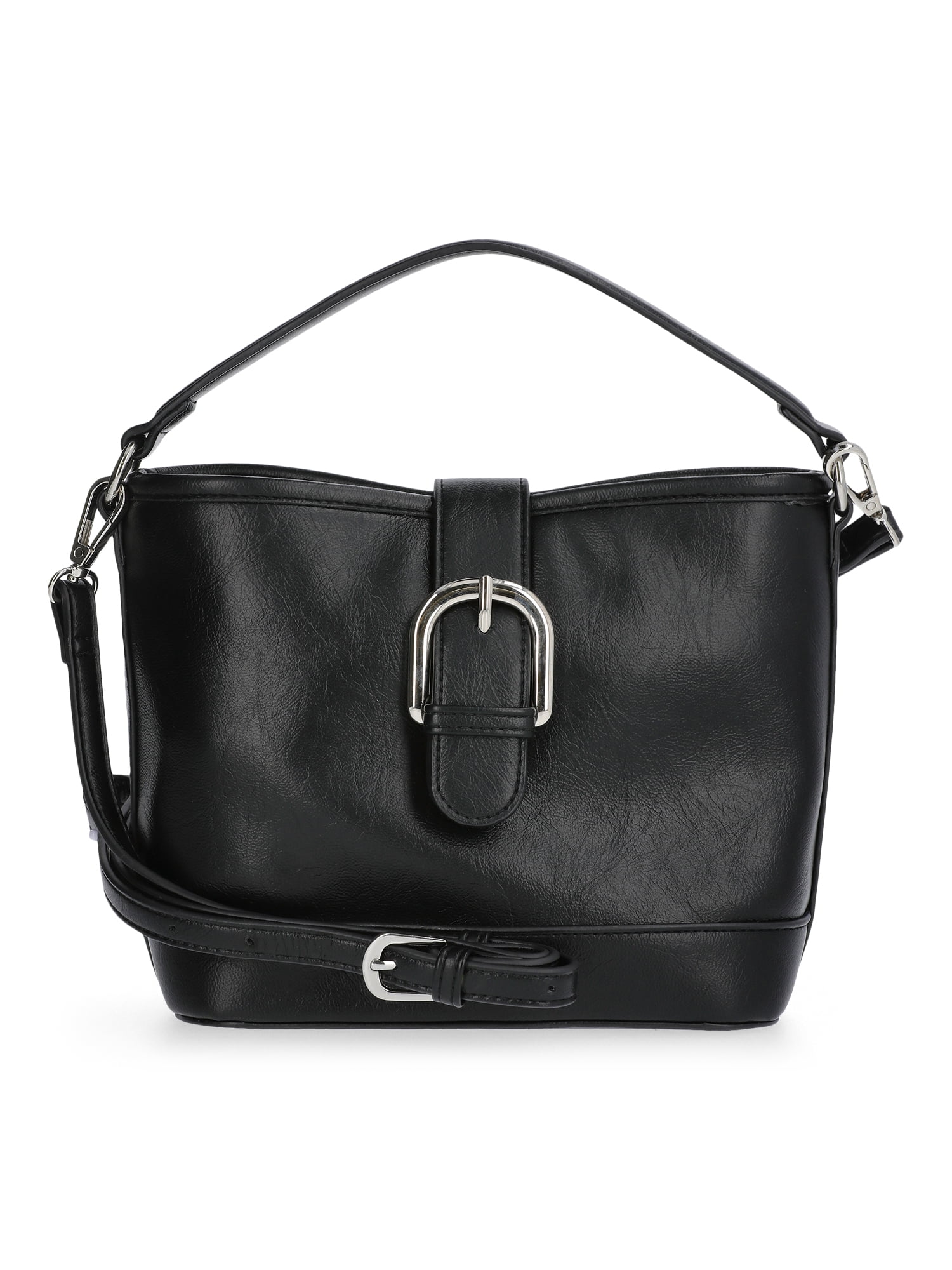 No Boundaries Women's Faux Leather Moto Bucket Bag, Black