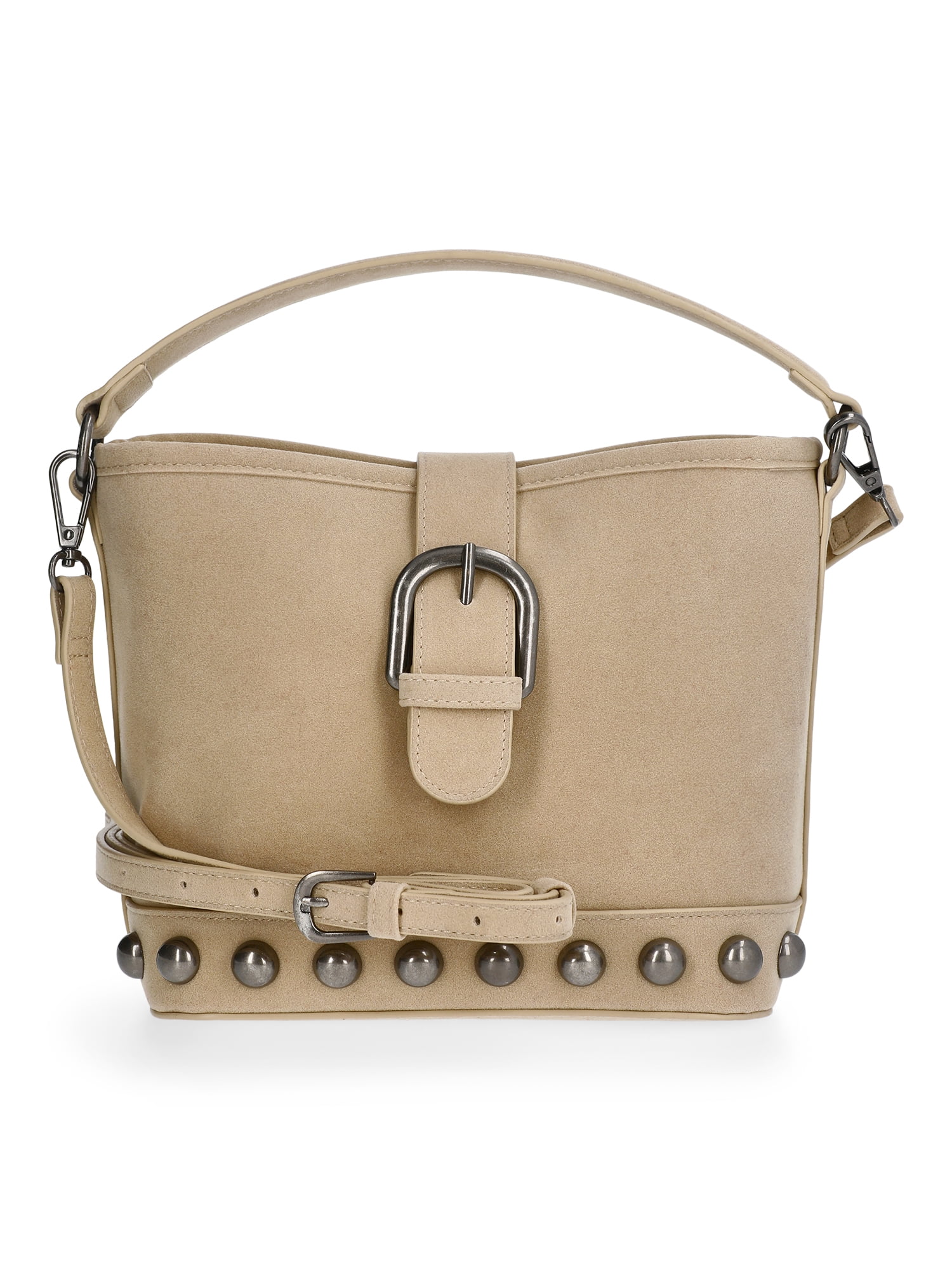 No Boundaries Women's Studded Faux Suede Moto Bucket Bag, Beige