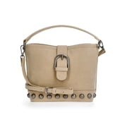 Women's Studded Faux Suede Moto Bucket Bag, Beige