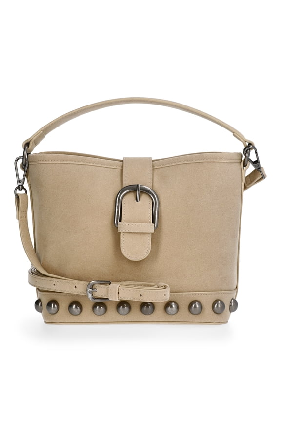 Women's Studded Faux Suede Moto Bucket Bag, Beige