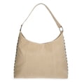 thumbnail image 1 of No Boundaries Women's Faux Suede Studded Moto Hobo Bag, Beige, 1 of 6
