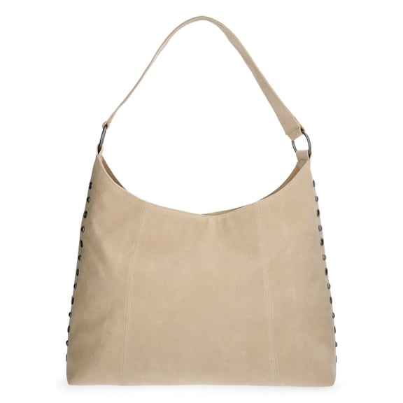 No Boundaries Women's Faux Suede Studded Moto Hobo Bag, Beige