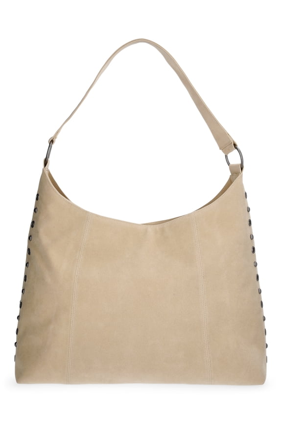Women's Faux Suede Studded Moto Hobo Bag, Beige