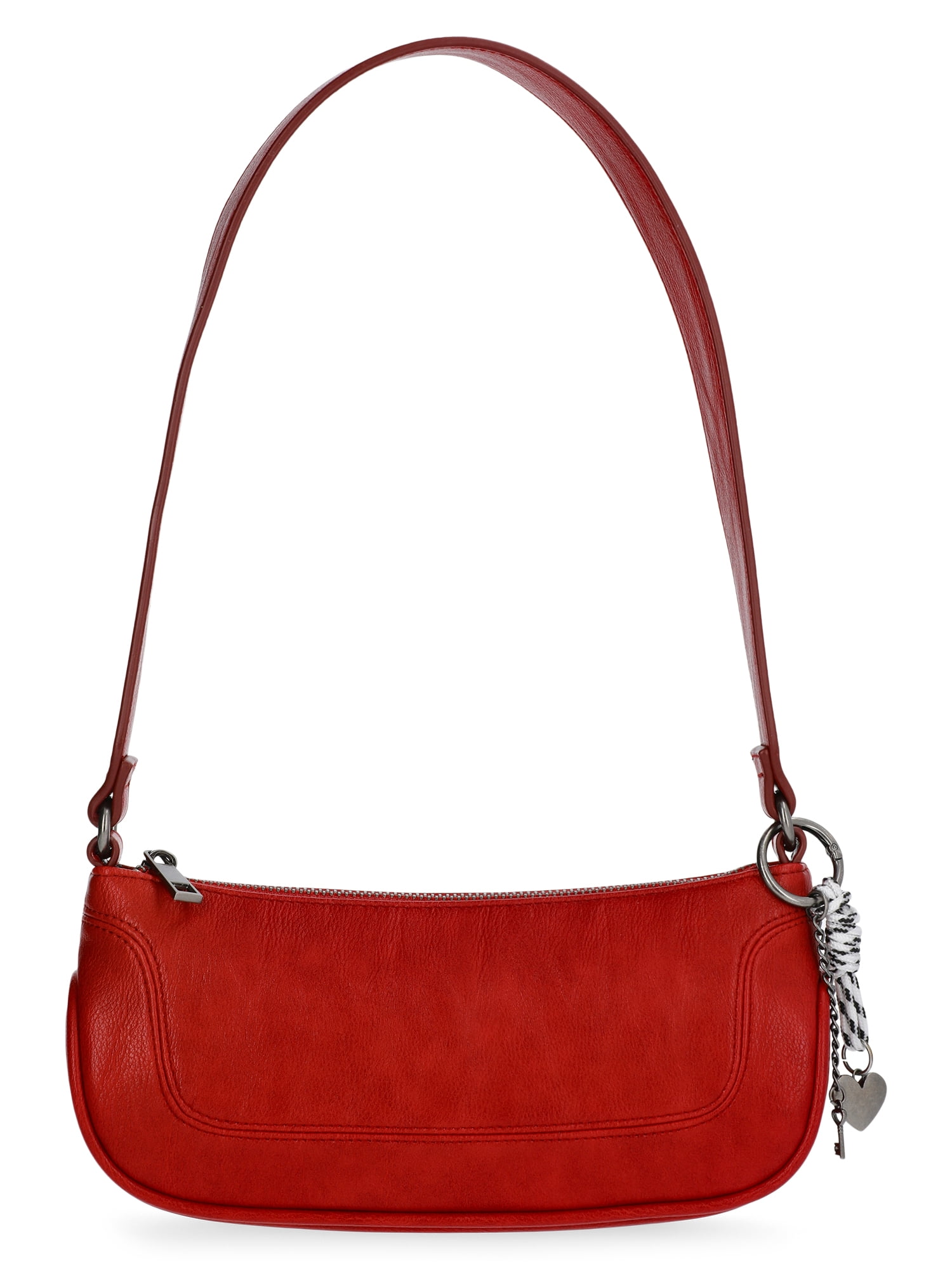No Boundaries Women's Faux Leather Moto Shoulder Bag with Bag Charm, Carmine Red