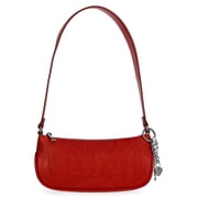 Women's Faux Leather Moto Shoulder Bag with Bag Charm, Carmine Red