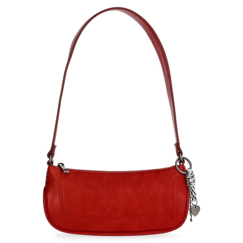 Women's Faux Leather Moto Shoulder Bag with Bag Charm, Carmine Red